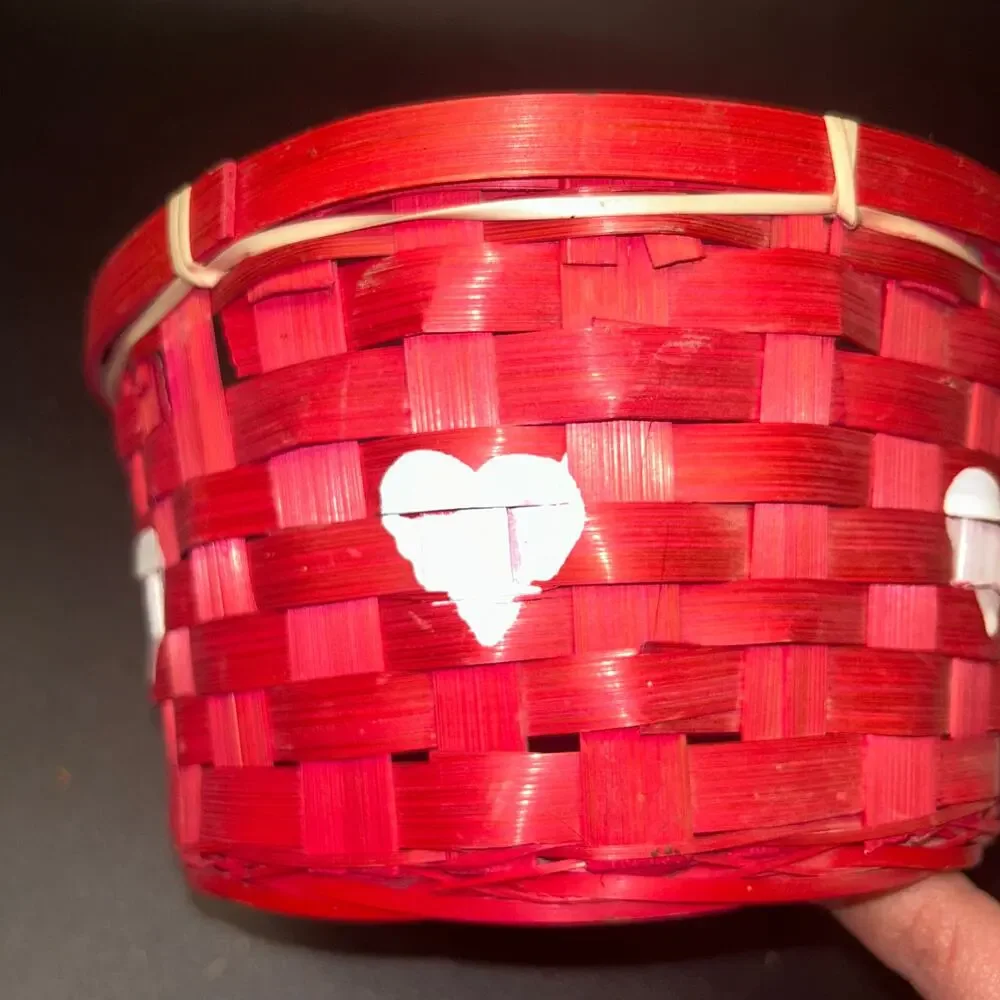 Vintage Valentine's Day Red White Heart Wicker Woven Basket